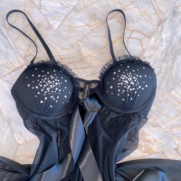 Victoria’s Secret Babydoll 36B Sheer Bling Rhinestones Push Up Sexy Little Thing - Picture 10 of 15
